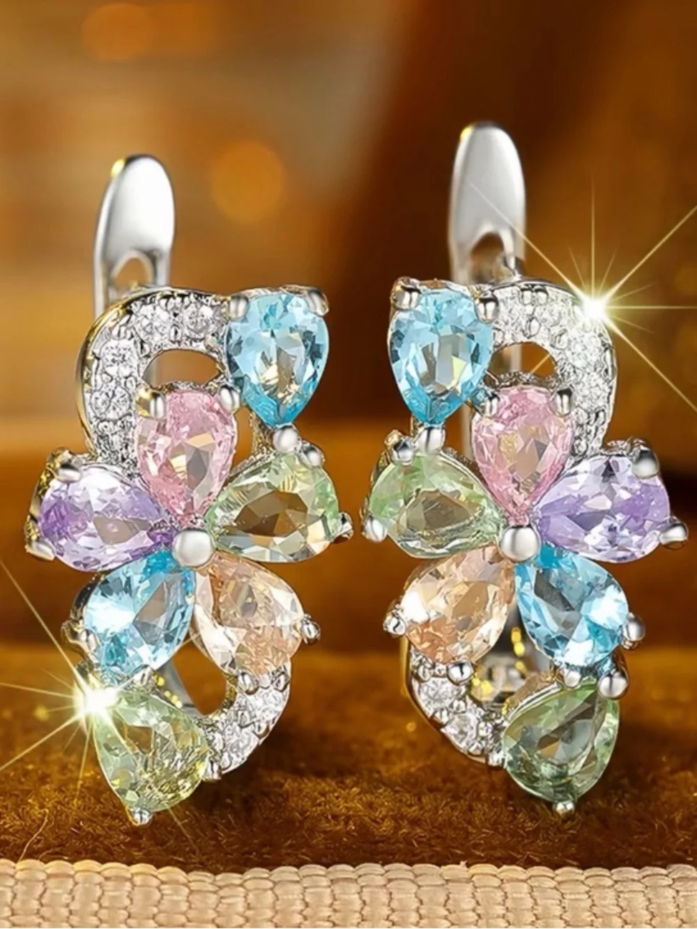 Multi-Color Floral Crystal Stud Earrings. - Picture 4 of 6